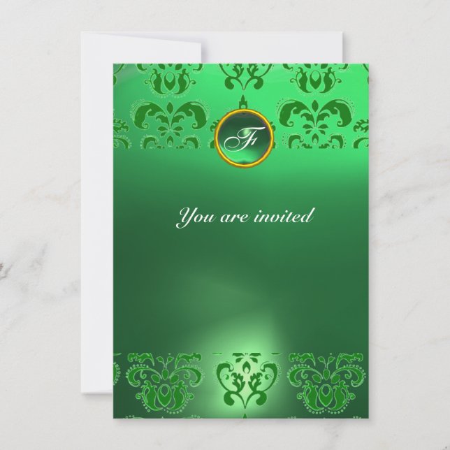 EMERALD DAMASK GEM STONE MONOGRAM green Invitation (Front)