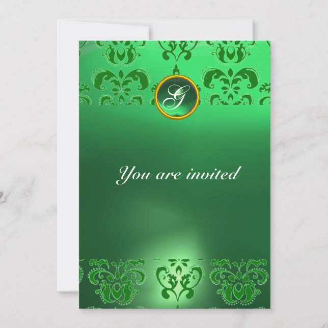 EMERALD DAMASK GEM STONE MONOGRAM green Invitation (Front)