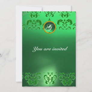 EMERALD DAMASK GEM STONE MONOGRAM green Invitation