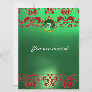 EMERALD DAMASK GEM STONE MONOGRAM green red Invitation