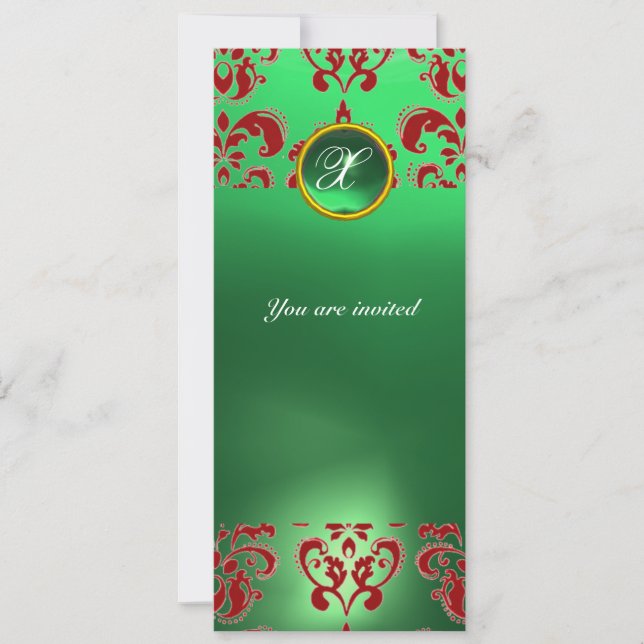 EMERALD DAMASK GEM STONE MONOGRAM green red Invitation (Front)