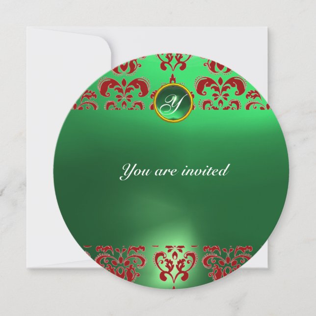 EMERALD DAMASK GEM STONE MONOGRAM green red Invitation (Front)