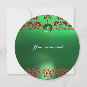 EMERALD DAMASK GEM STONE MONOGRAM green red Invitation