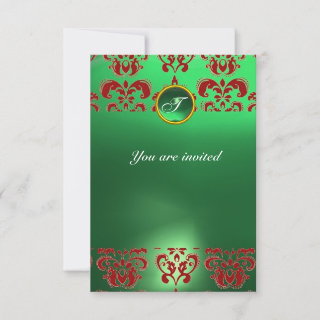 EMERALD DAMASK GEM STONE MONOGRAM green red Invitation (Front)
