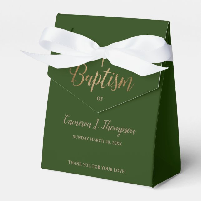 Emerald dark green gold cross Baptism Thank you Favour Box (Front Side)