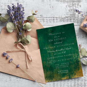 Emerald Deep Green Distressed Grungy Gold Birthday Invitation
