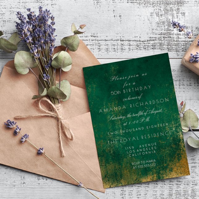 Emerald Deep Green Distressed Grungy Gold Birthday Invitation (Creator Uploaded)