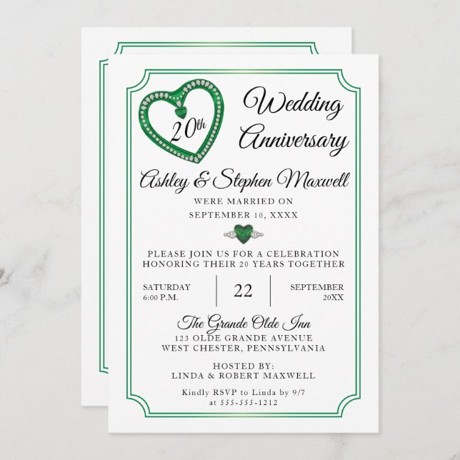 Emerald Diamonds 20th Wedding Anniversary Party Invitation (Front/Back)