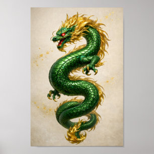 Emerald Dragon with Golden Mane – Mythical Beast Poster