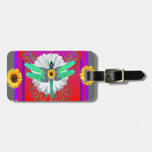 emerald dragonfly sunflower art luggage tag