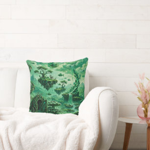 Emerald Dreams Surreal Landscape Shades of Green Cushion