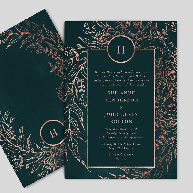 Emerald Dusty Rose Gold Monogram Wreath Wedding Invitation (Creator Uploaded)
