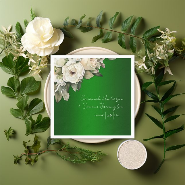 Emerald Elegance and White Rose Bouquet Wedding  Napkin (Creator Uploaded)