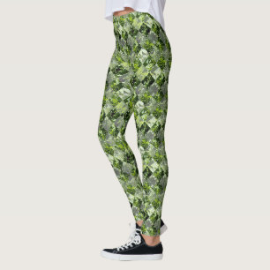 Emerald Elegance: Green Leaves in Diamond Cut, Leggings