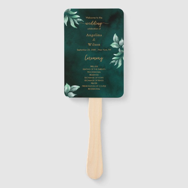 Emerald Elegant Eucalyptus Wedding Program Hand Fan (Front)