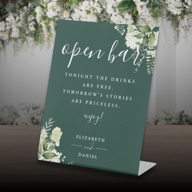 Emerald Elegant Greenery Floral Open Bar Pedestal Sign (Emerald Elegant Greenery Floral Open Bar Pedestal Sign)