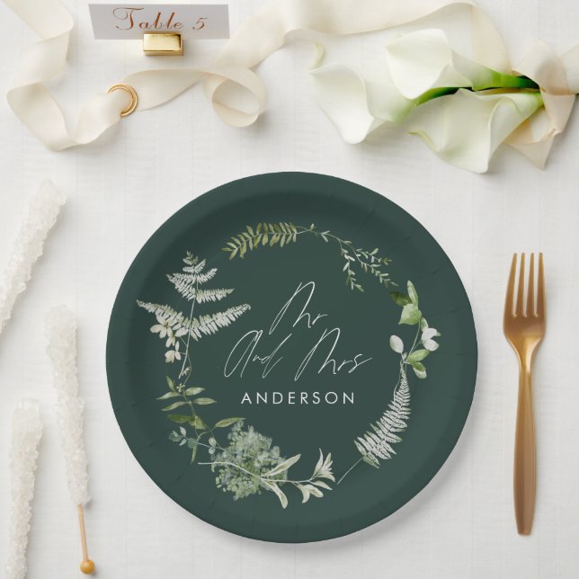 Emerald elegant modern botanical script wedding paper plate (Wedding)