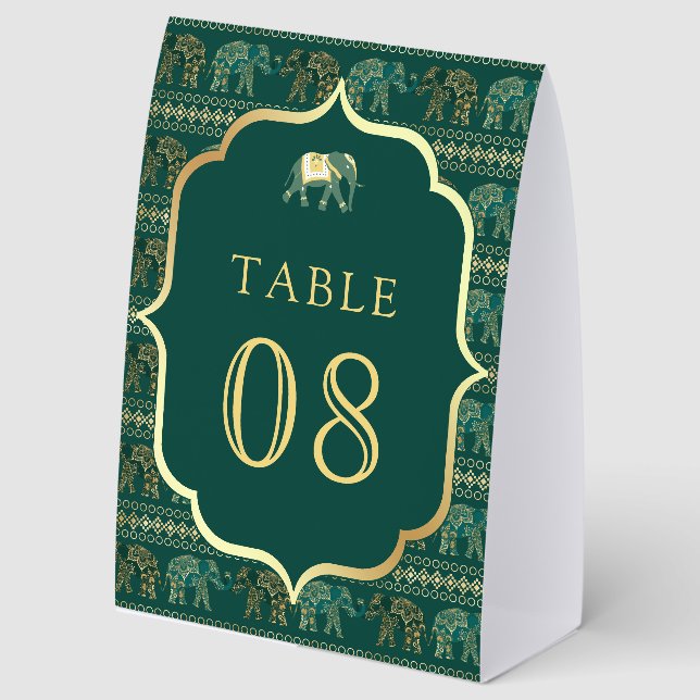 Emerald Elephant Indian Wedding Table Number (Front)