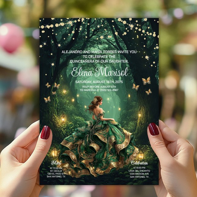Emerald Enchanted Forest Quinceañera Invitation (Enchanted forest Quinceañera invite with beautiful gown, butterflies, forest lanterns. Add your info)