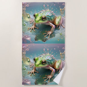 "Emerald Essence: Green Frog in Fractal Art" Beach Towel