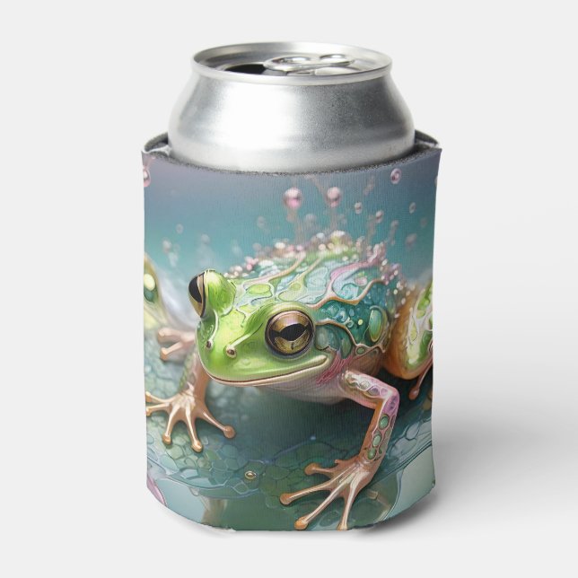 "Emerald Essence: Green Frog in Fractal Art" Can Cooler (Can Front)