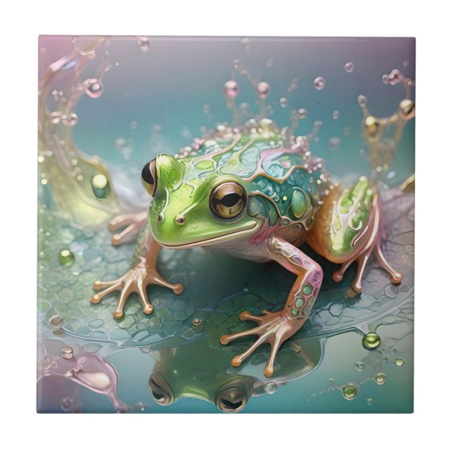 "Emerald Essence: Green Frog in Fractal Art" Ceramic Tile (Front)