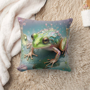 "Emerald Essence: Green Frog in Fractal Art" Cushion