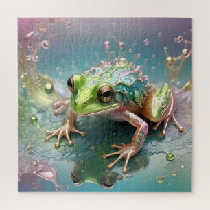 "Emerald Essence: Green Frog in Fractal Art" Jigsaw Puzzle