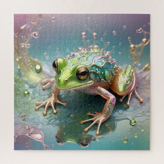 "Emerald Essence: Green Frog in Fractal Art" Jigsaw Puzzle (Vertical)
