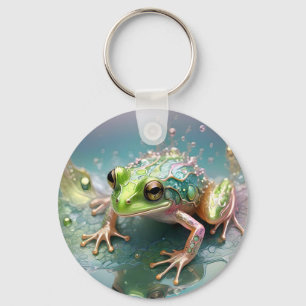 "Emerald Essence: Green Frog in Fractal Art" Key Ring