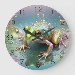 "Emerald Essence: Green Frog in Fractal Art" Large Clock