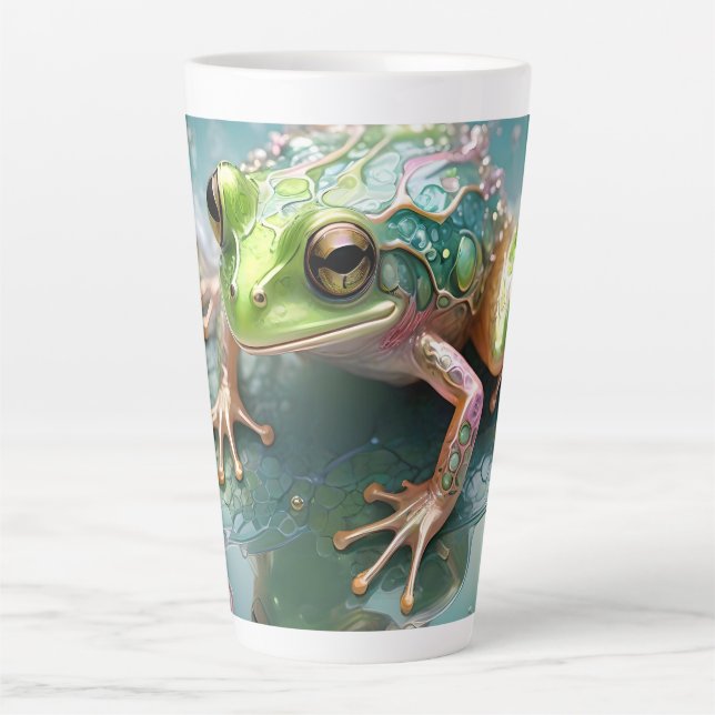 "Emerald Essence: Green Frog in Fractal Art" Latte Mug (Front)