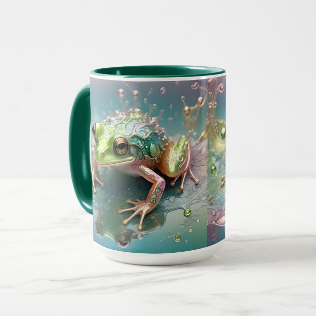 "Emerald Essence: Green Frog in Fractal Art" Mug (Front Left)