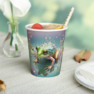 "Emerald Essence: Green Frog in Fractal Art" Paper Cups
