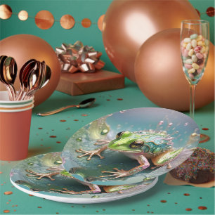 "Emerald Essence: Green Frog in Fractal Art" Paper Plate