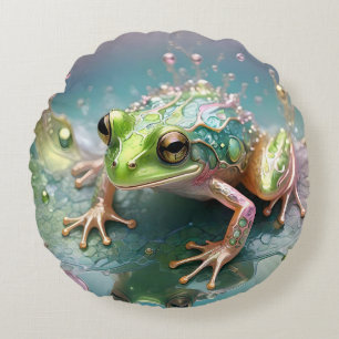 "Emerald Essence: Green Frog in Fractal Art" Round Cushion