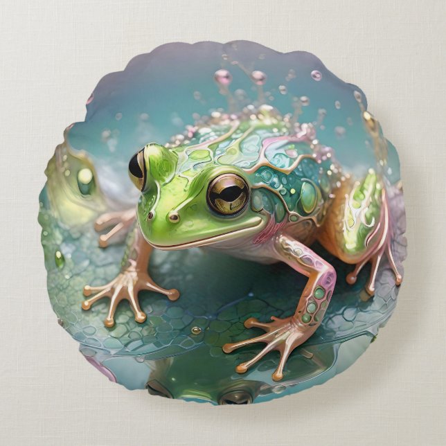 "Emerald Essence: Green Frog in Fractal Art" Round Cushion (Front)