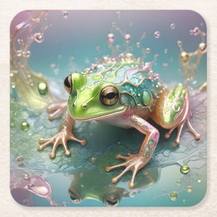 "Emerald Essence: Green Frog in Fractal Art" Square Paper Coaster