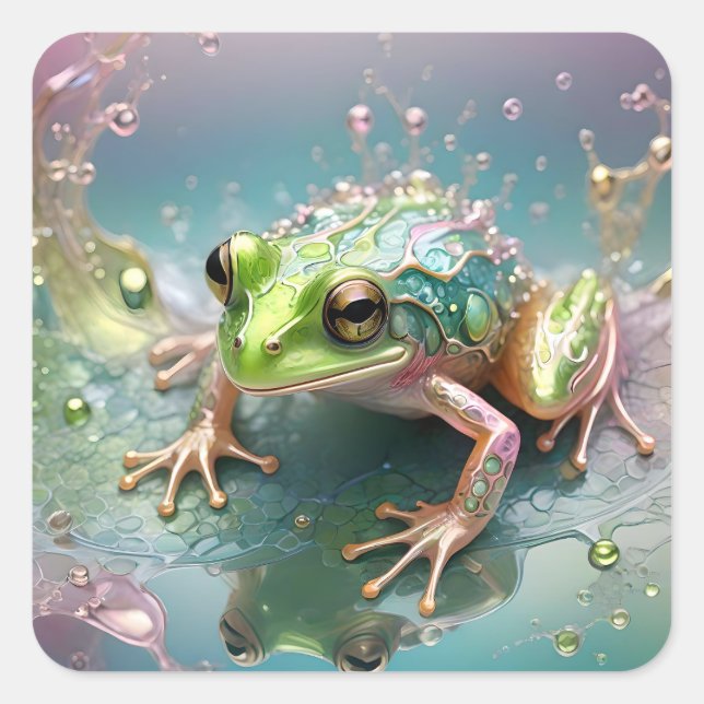 "Emerald Essence: Green Frog in Fractal Art" Square Sticker (Front)