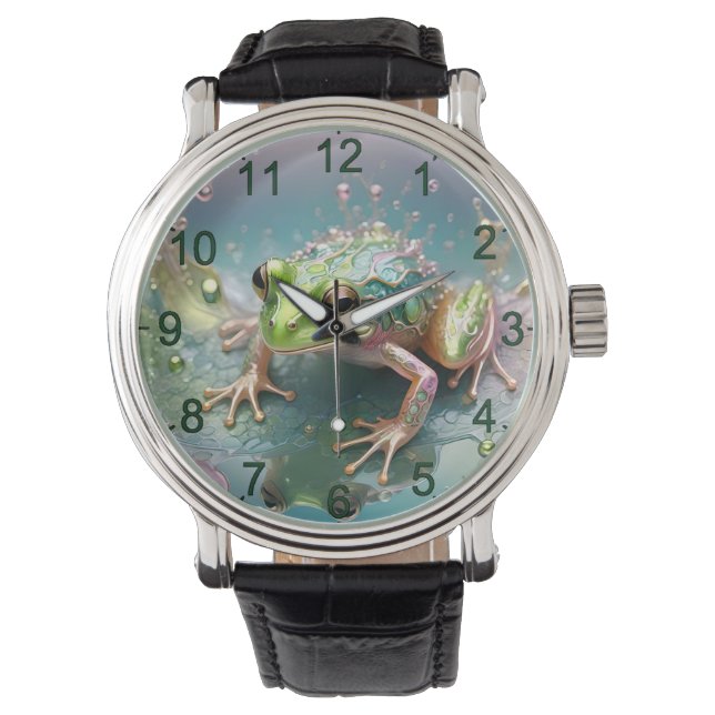 "Emerald Essence: Green Frog in Fractal Art" Watch (Front)