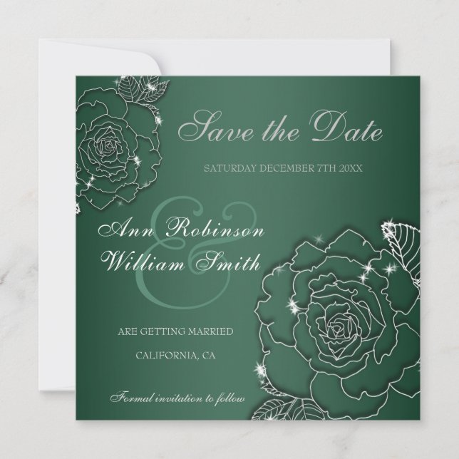 Emerald Evergreen Silver Elegant Wedding Save The Date (Front)