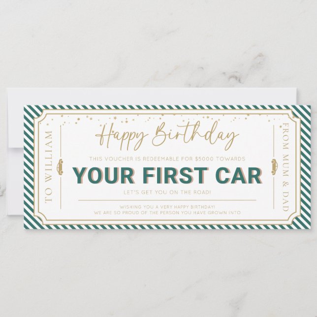 Emerald First Car Birthday Gift Voucher Card (Front)