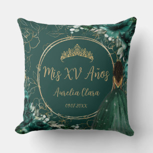 Emerald Floral Brown Princess Quinceañera Keepsake Cushion