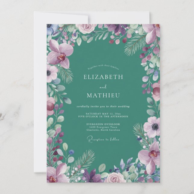 Emerald Floral Enchantment Wedding Invitation (Front)