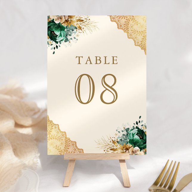 Emerald Floral Gold Lace Cream Wedding Table Number (Creator Uploaded)