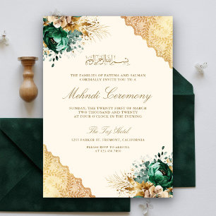 Emerald Floral Gold Lace Muslim Mehndi Ceremony Invitation