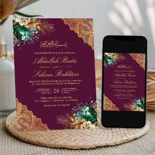 Emerald Floral Gold Lace Plum Muslim Wedding Invitation