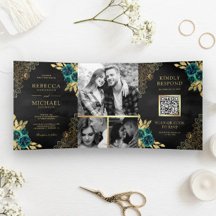 Emerald Floral Gold Lace QR Code Black Wedding Tri-Fold Invitation
