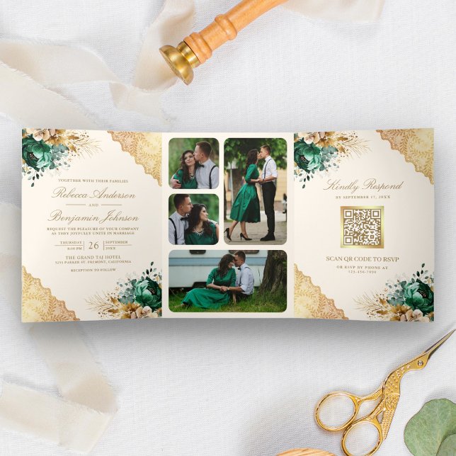 Emerald Floral Gold Lace QR code Cream Wedding Tri-Fold Invitation (Creator Uploaded)