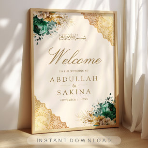 Emerald Floral Gold Muslim Wedding Welcome Poster